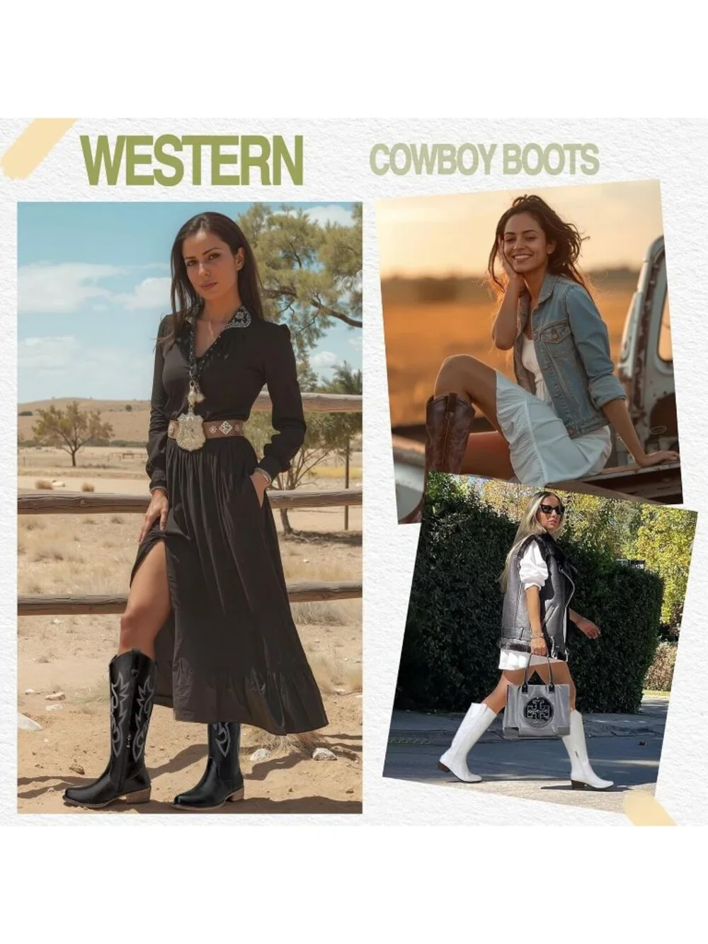 Women's Black Knee High Western Tall Round Toe Side Zipper Low Heel Cowgirl Boot